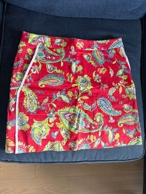 Bright Red Paisley Mini Skirt /short with White Trim